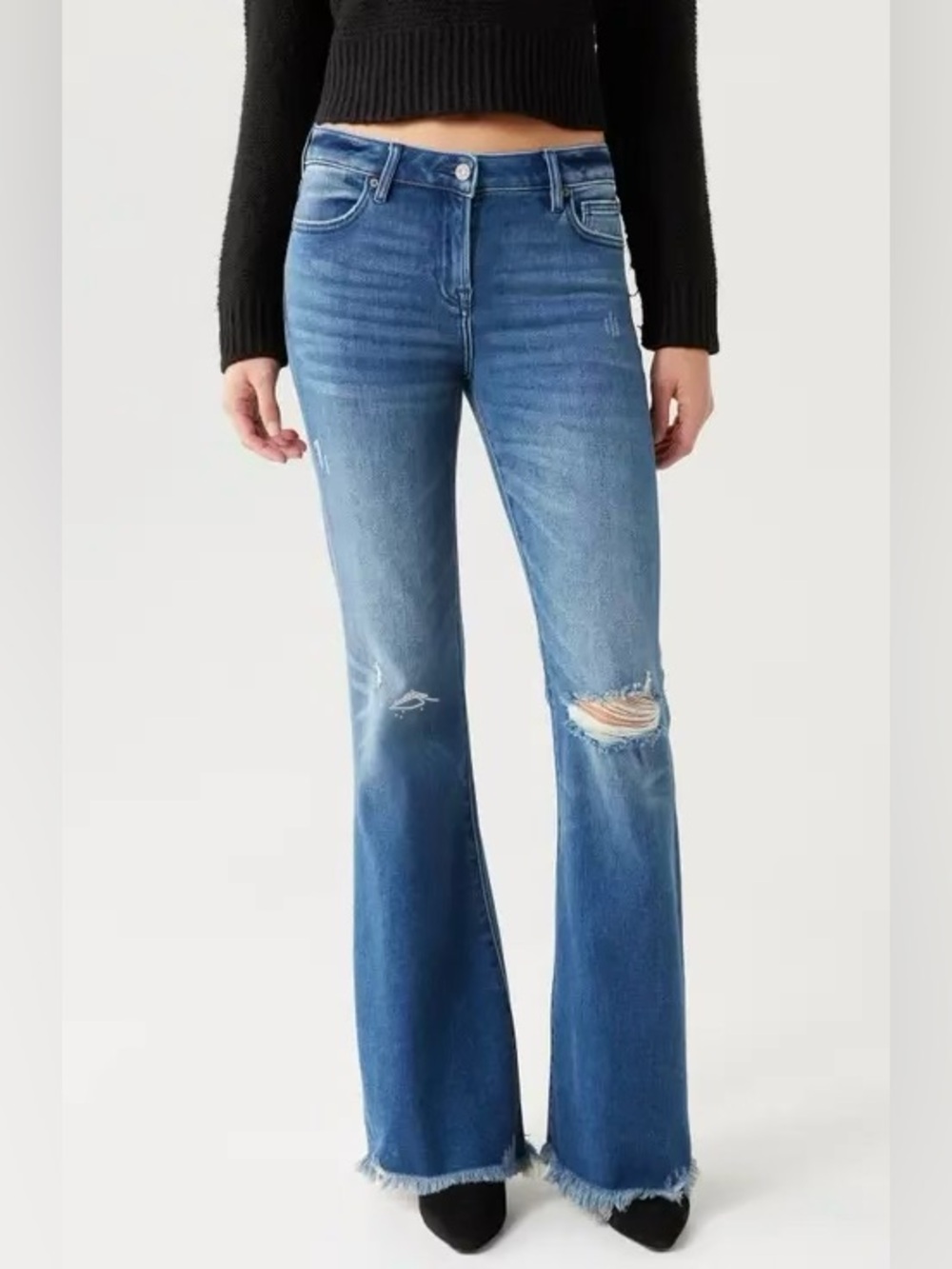 Hidden Mid-High Rise Flare Distressed Jeans With Ripped Knees And Frayed Hem